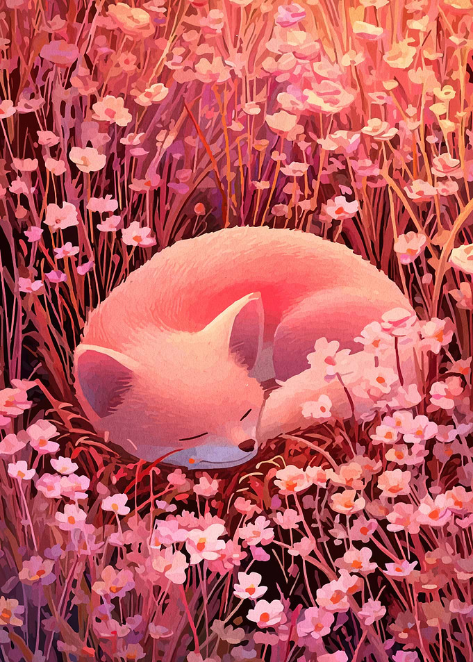 Sleeping Fox in a Field of Flowers