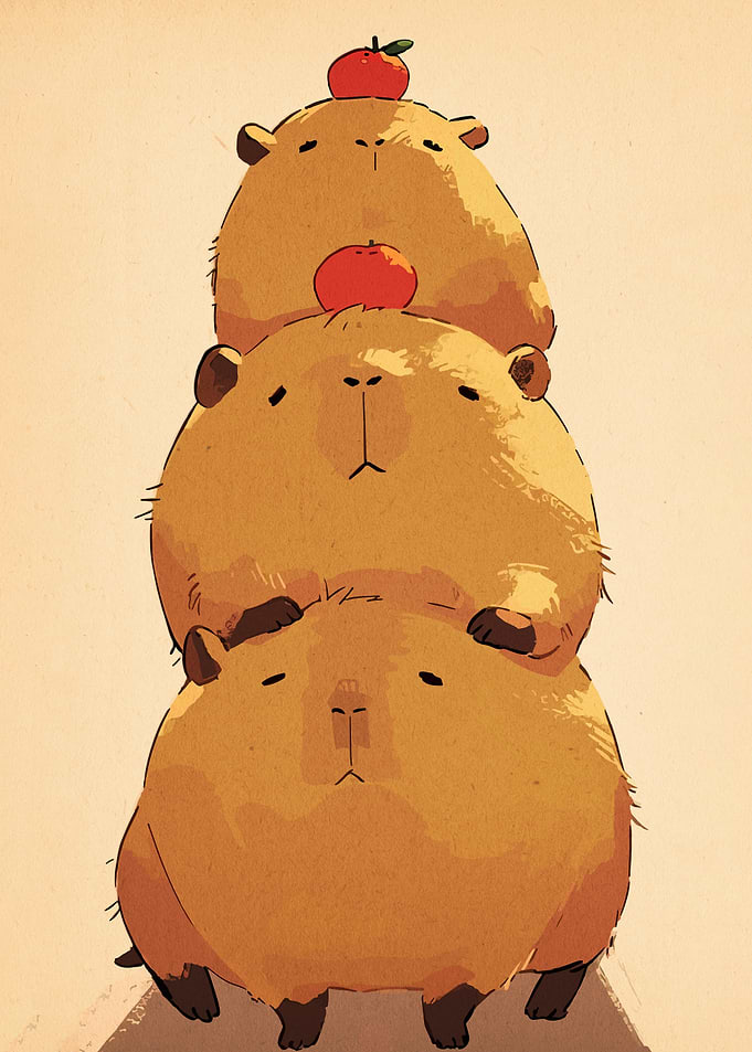 Stacked Capybaras with Apples
