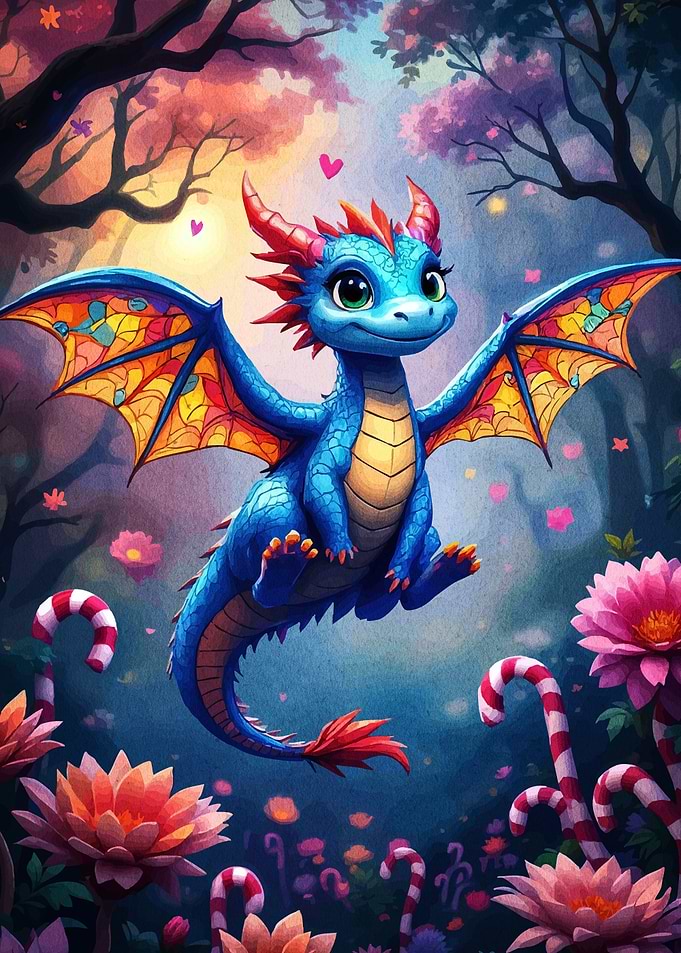 Cute Blue Dragon in Fantasy Landscape