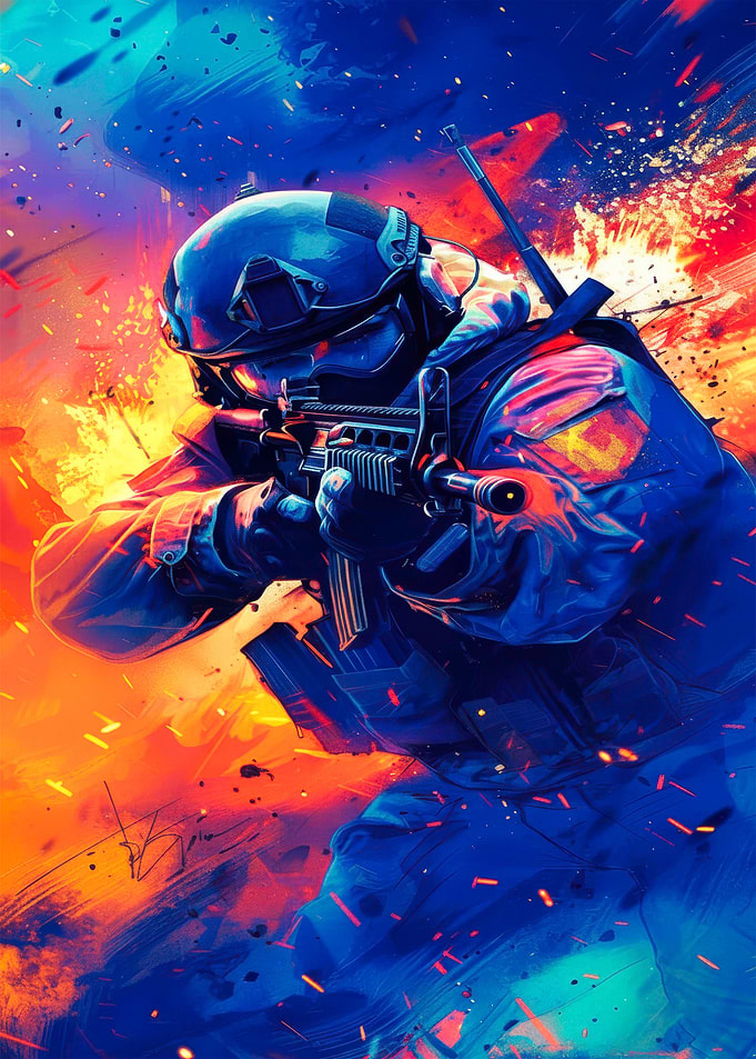 Soldier Aiming Rifle in Fiery Scene
