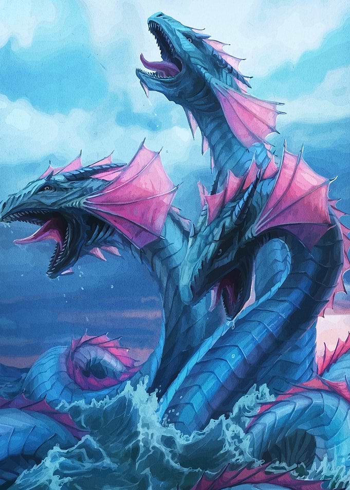 Three-Headed Dragon Rising from the Sea