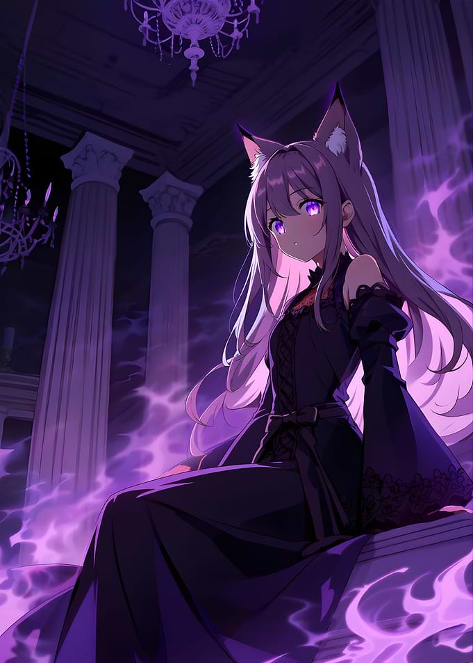 Anime Girl with Cat Ears in Purple