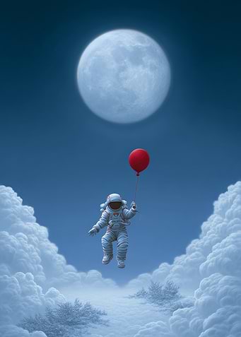Astronaut with Balloon in Cloudy Sky