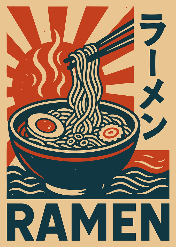 Ramen Bowl Retro Poster, Japanese Food Illustration, Vintage Asian Kitchen Wall Art Print