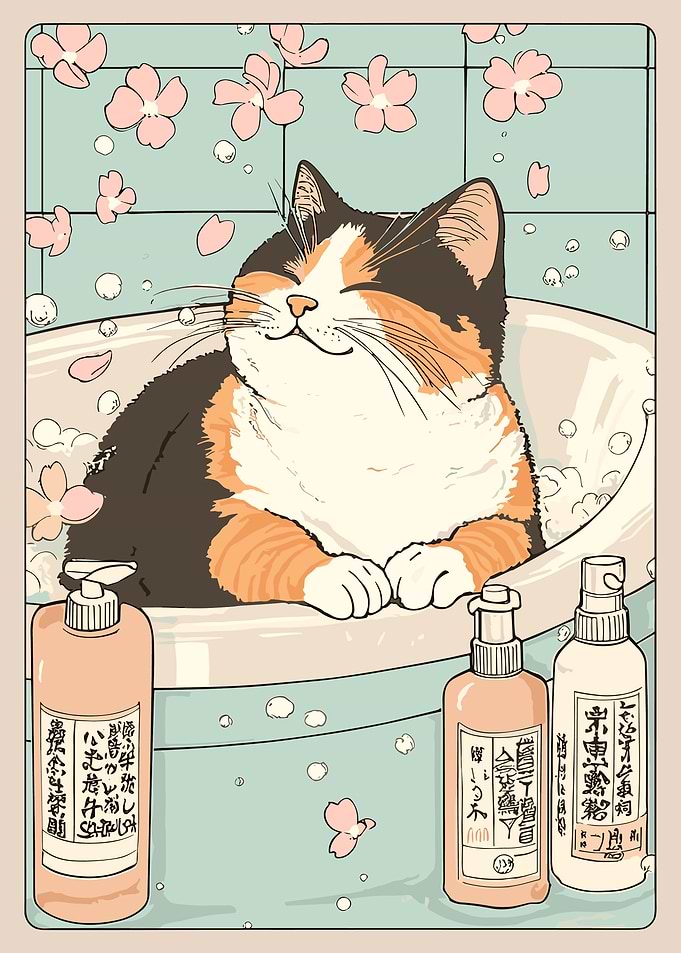 Calico Cat Bubble Bath Poster, Cute Japanese Cherry Blossom Wall Art Print, Relaxing Kitty