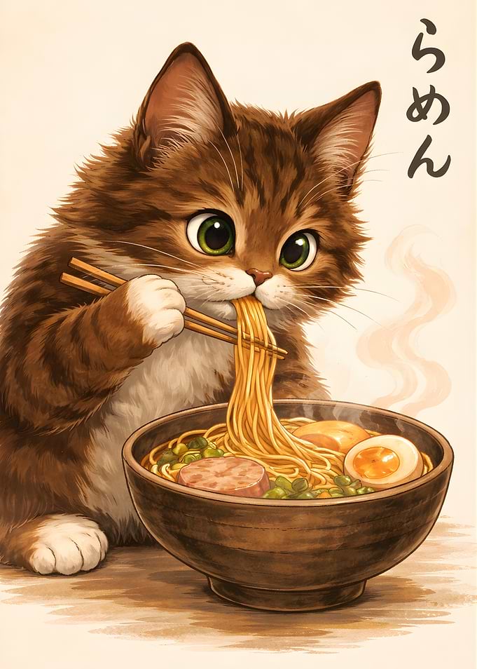 Cute Cat Eating Ramen