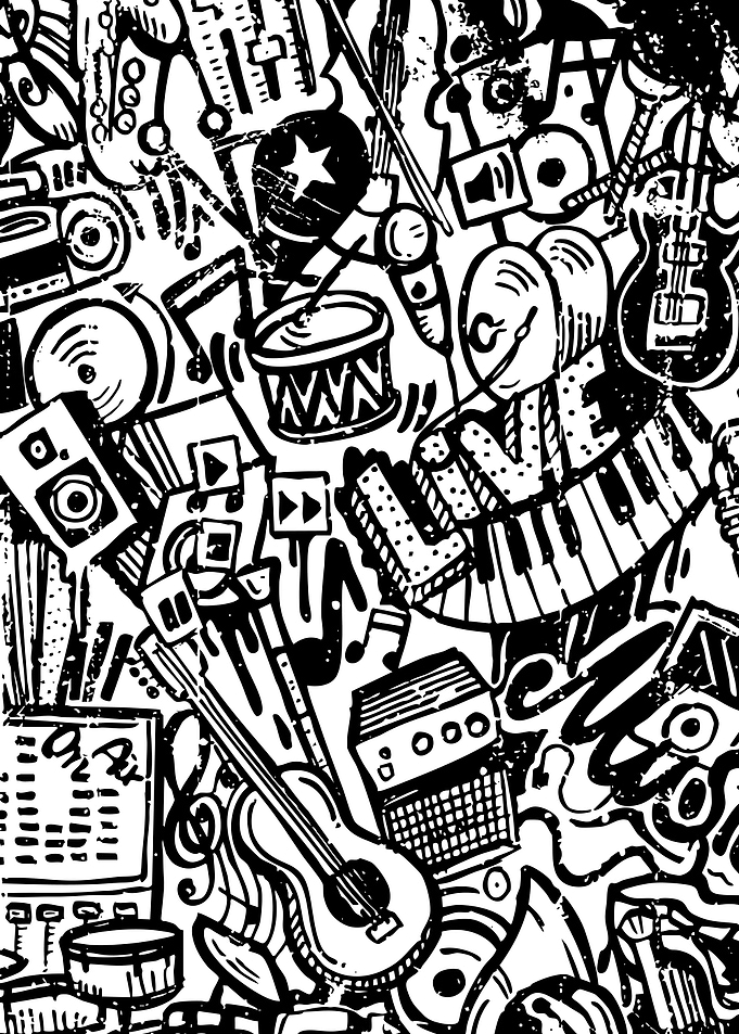 Music Instruments Black and White Doodle