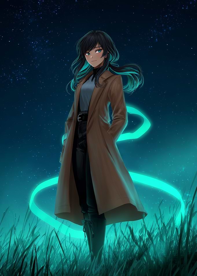 Anime Girl in Field at Night