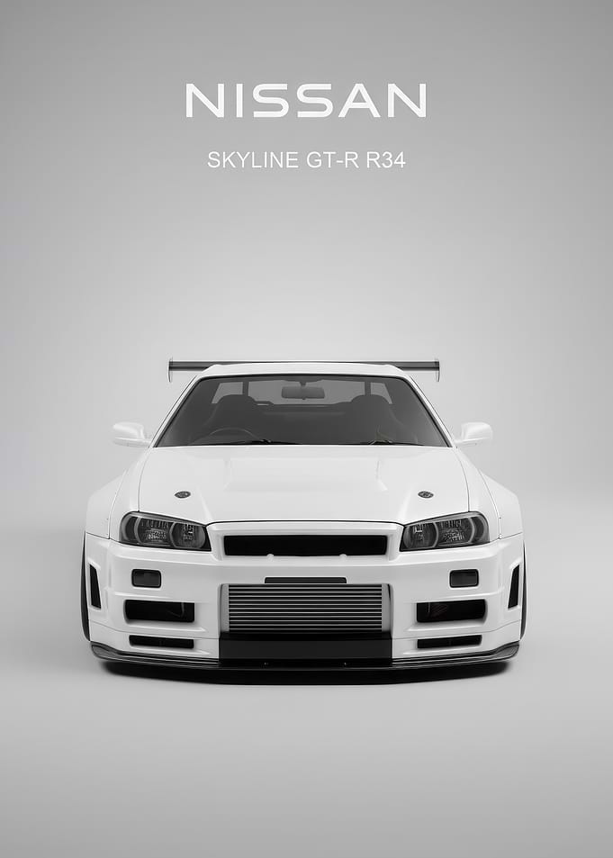 white Nissan Skyline R34 Front poster