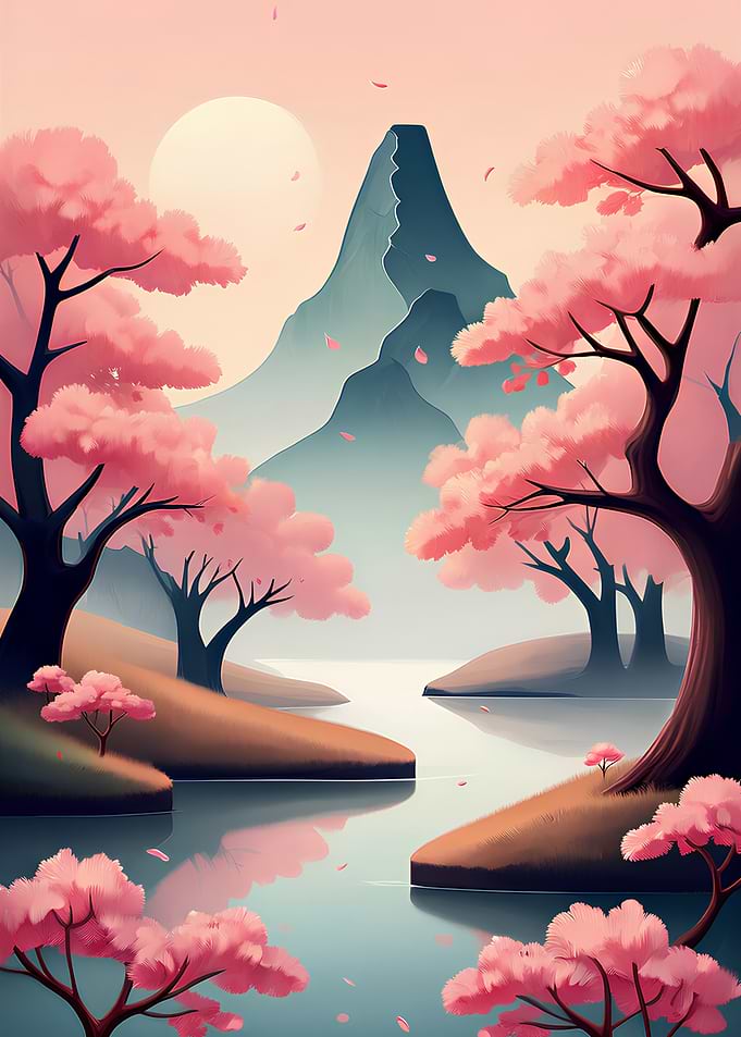 Cherry Blossoms and Mountain Landscape