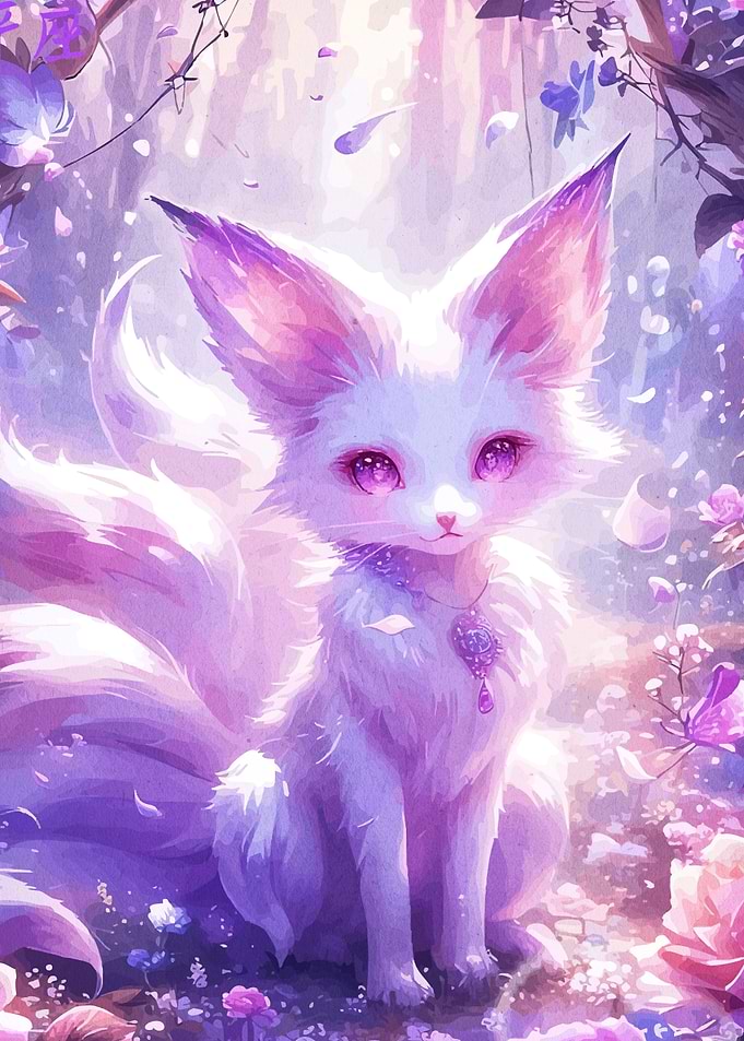 Cute Nine-Tailed Fox in Floral Setting