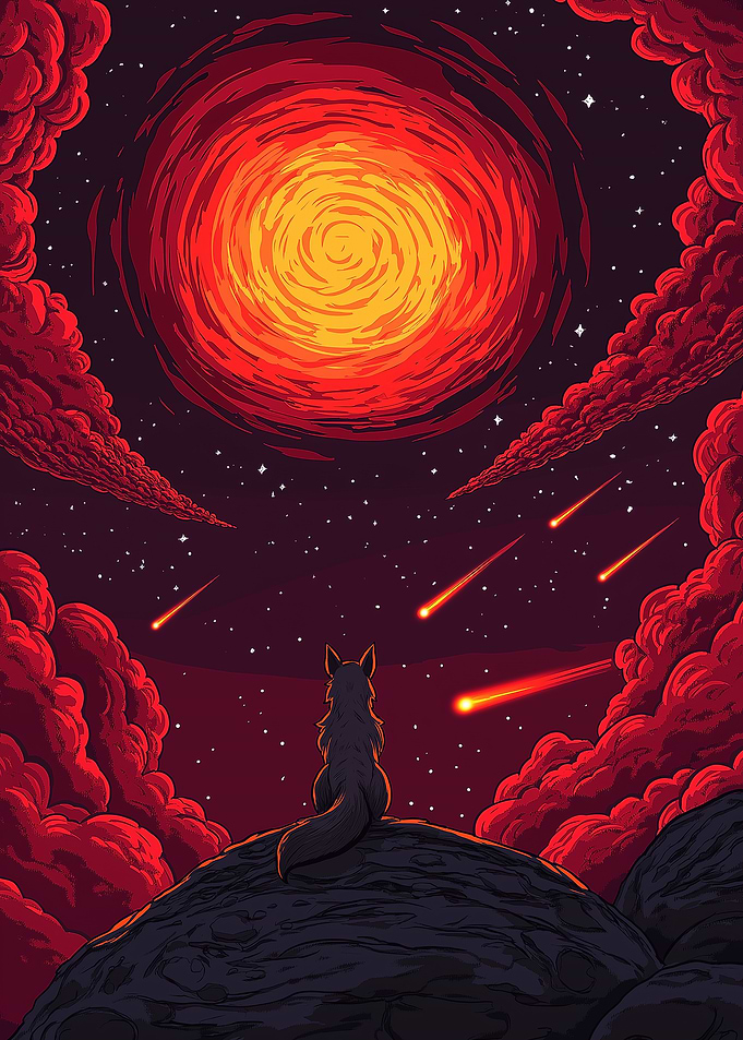 Wolf Watching Meteors and Red Sun