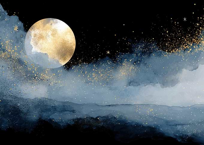Golden Moon Watercolor Nightscape