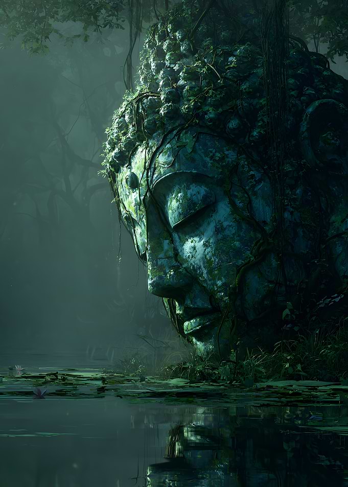Overgrown Buddha Head in Water