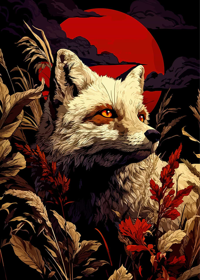 Fox Portrait with Red Moon