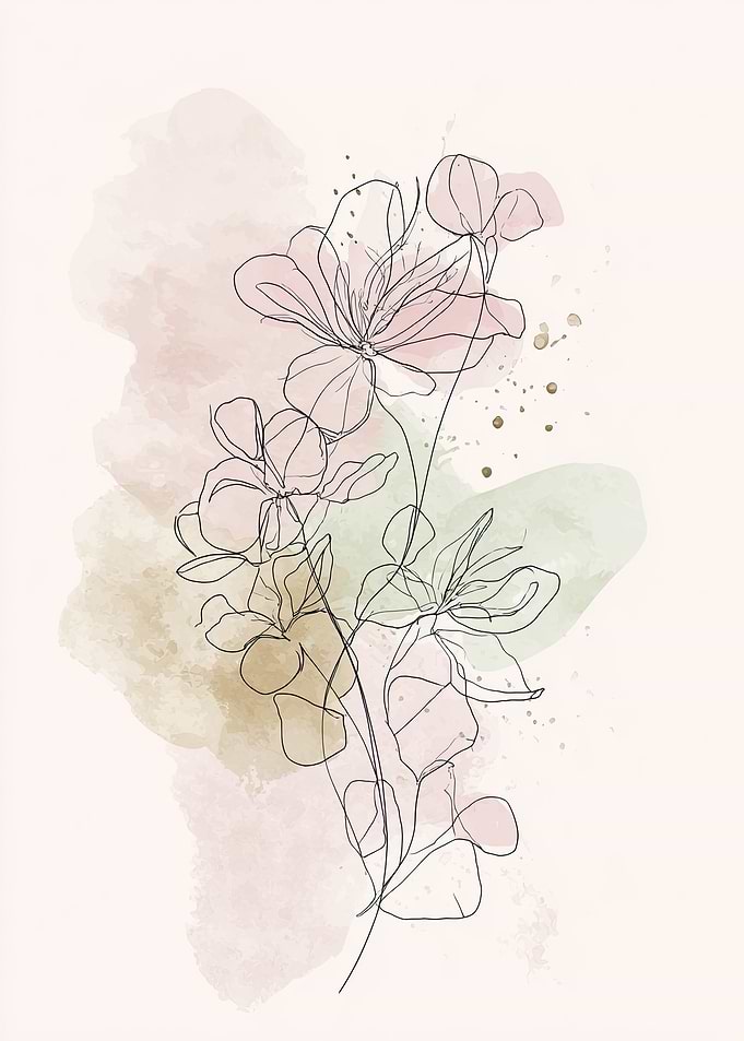 Floral Line Art with Watercolor Background