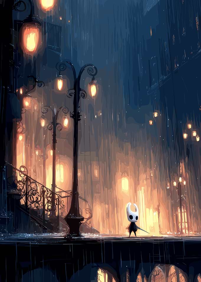 Hollow Knight in Rainy Cityscape