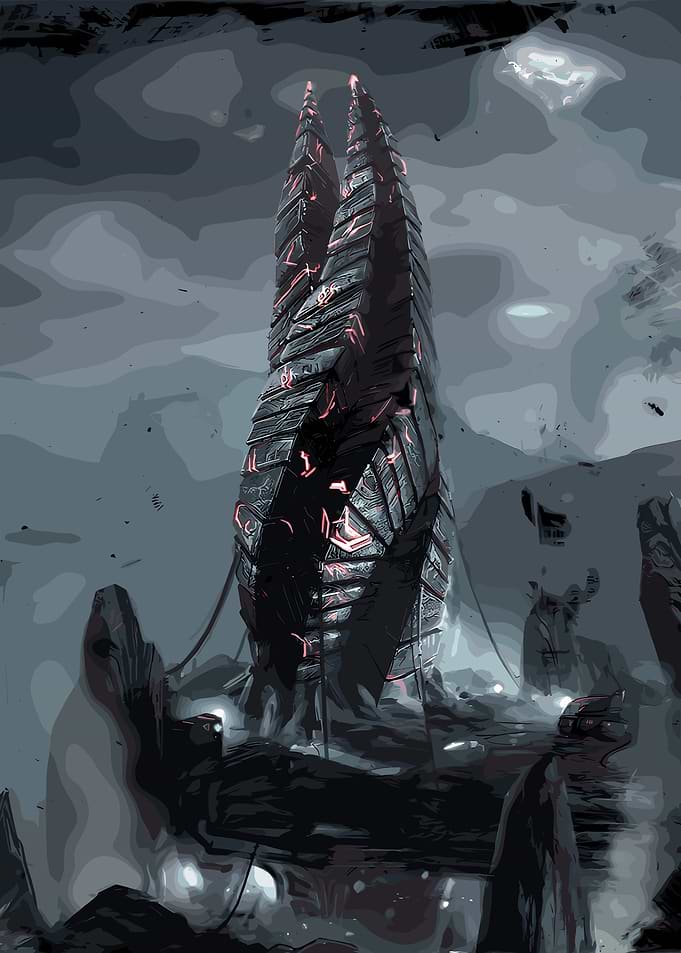 Monolith structure with glowing red runes