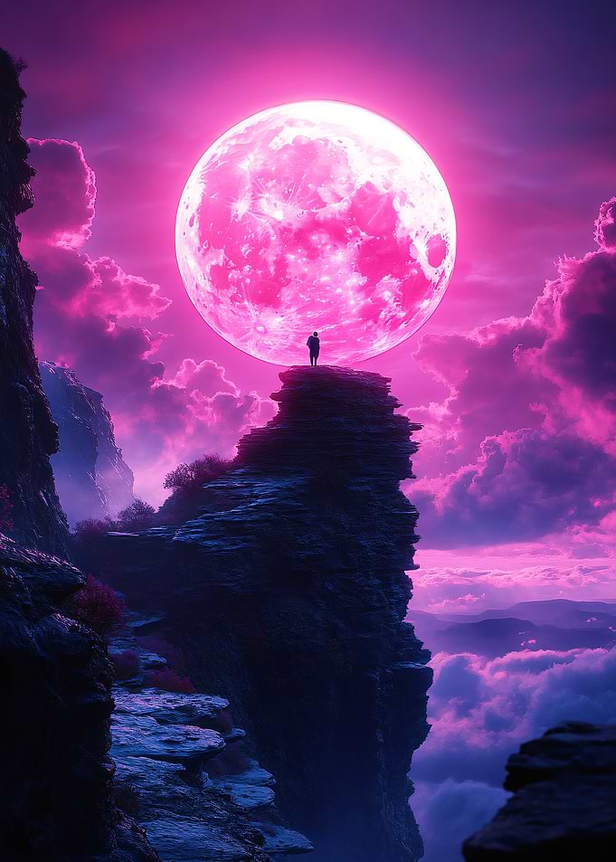 Pink Moon Over Mountain Peak