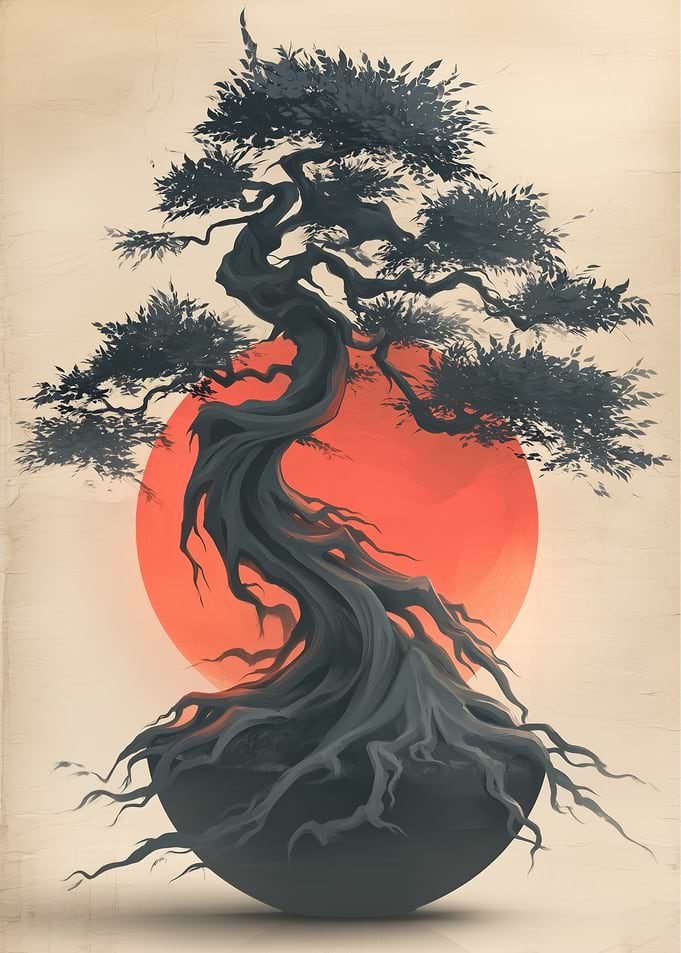 Bonsai Tree with Red Sun
