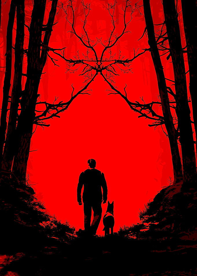 Man and Dog in Red Forest