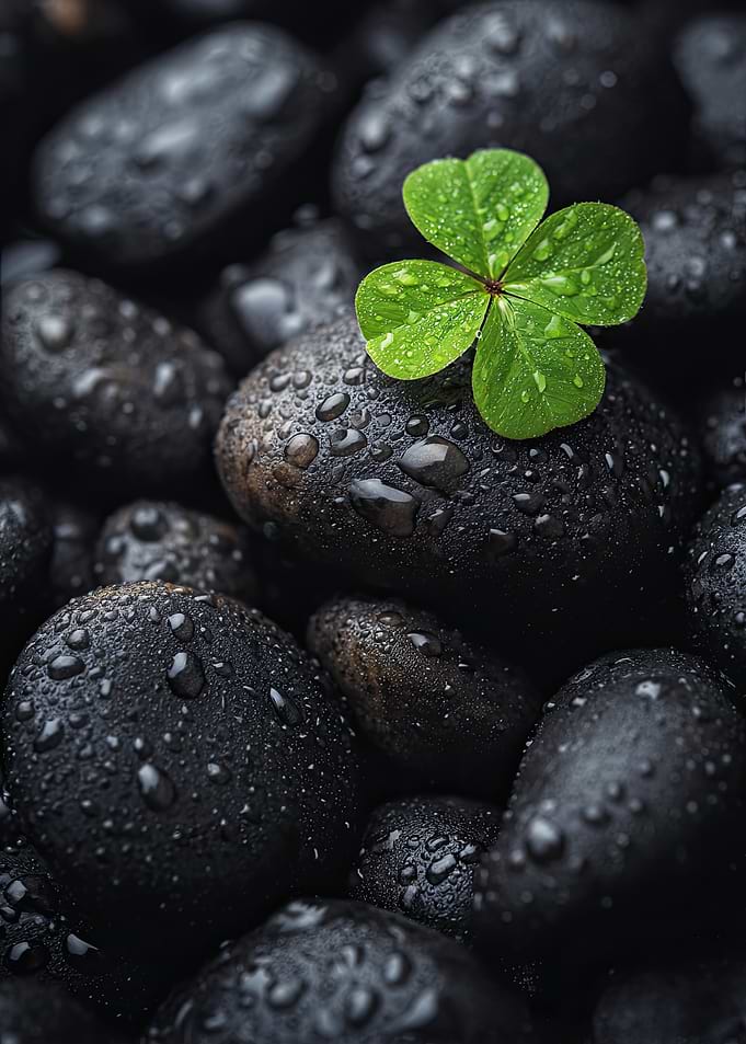 Four-leaf clover on wet black stones