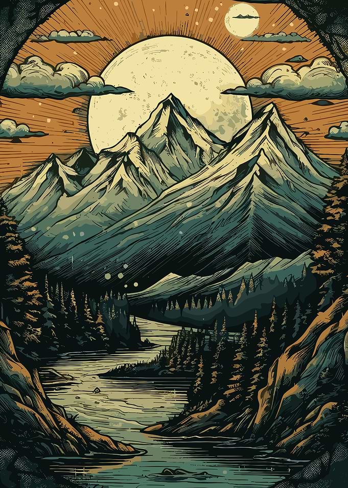Mountain Landscape with River and Moon