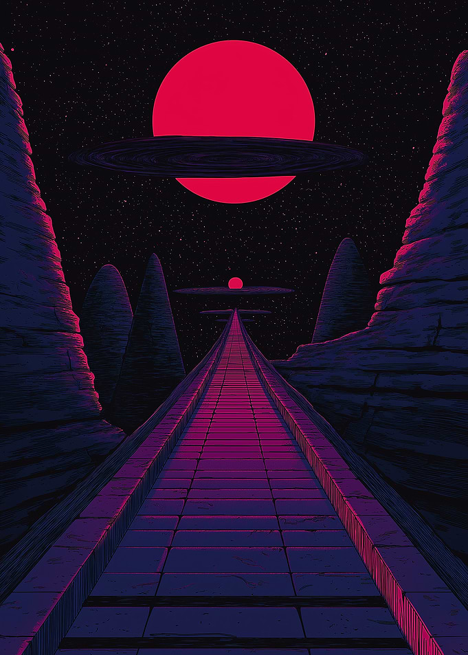 Retro Sci-Fi Landscape with Red Sun