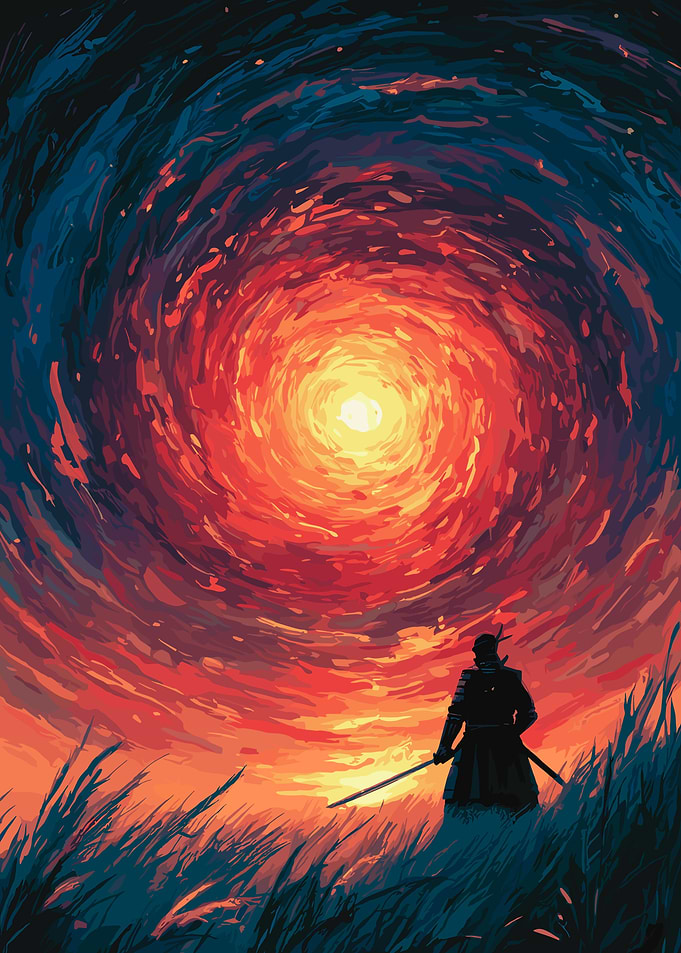 Samurai Silhouette Under Swirling Sky
