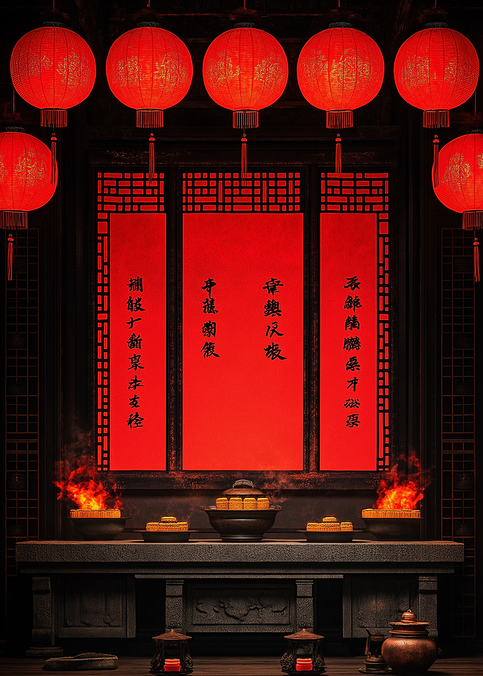 Chinese Temple with Red Lanterns
