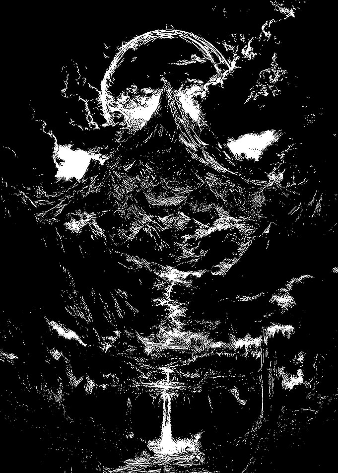 Monochrome Mountain Landscape with Waterfall