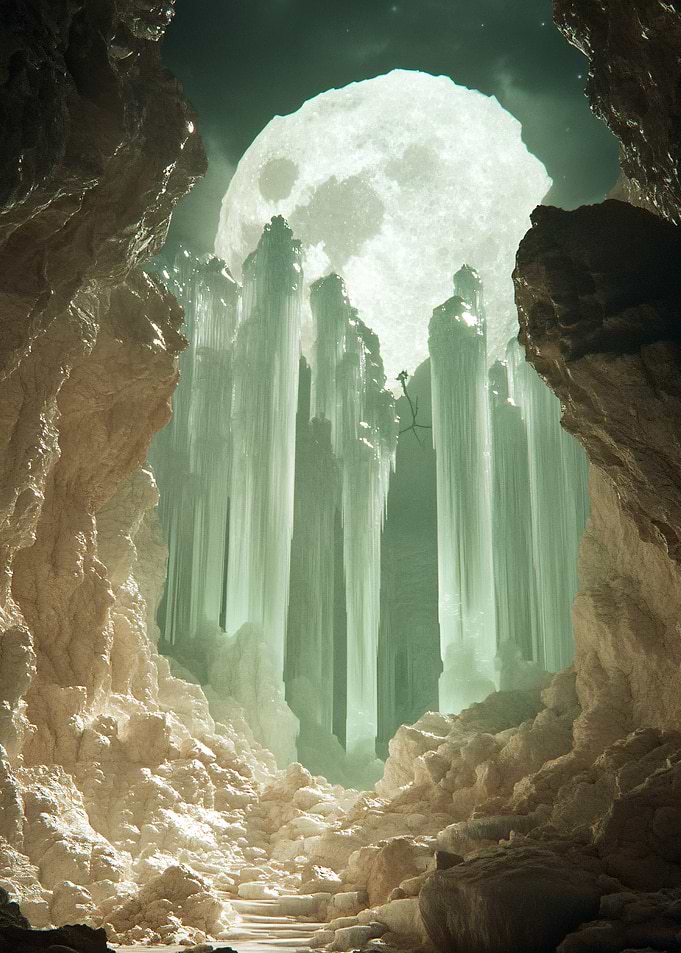 Icy Cave with Moonlit Pillars