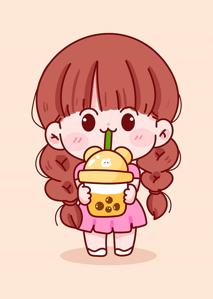 Cute Girl Drinking Bubble Tea Cartoon