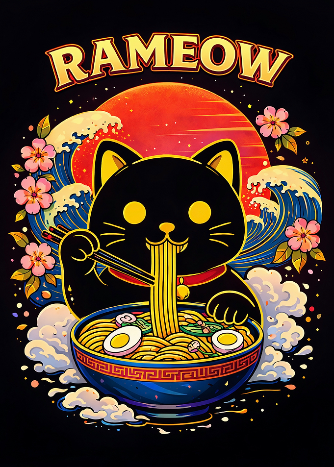 Rameow: Cat Eating Ramen Illustration
