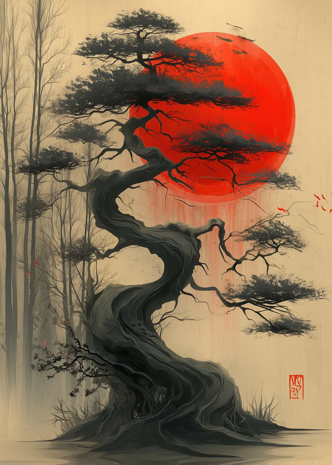 Japanese Bonsai Tree with Red Sun