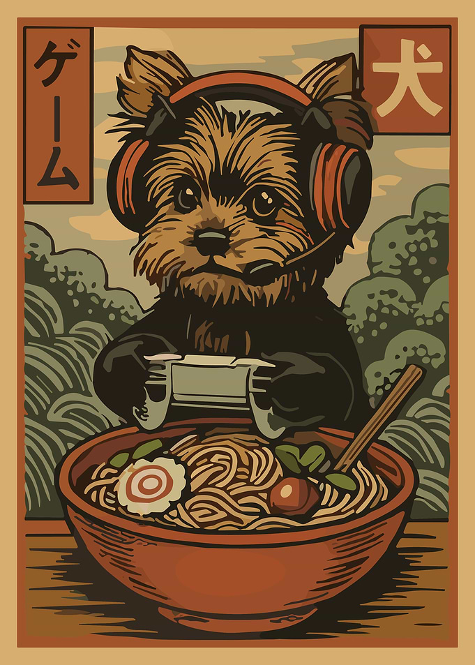 Yorkie Ramen Gamer Poster, Cute Dog Gaming Art, Japanese Anime Food Wall Decor Print