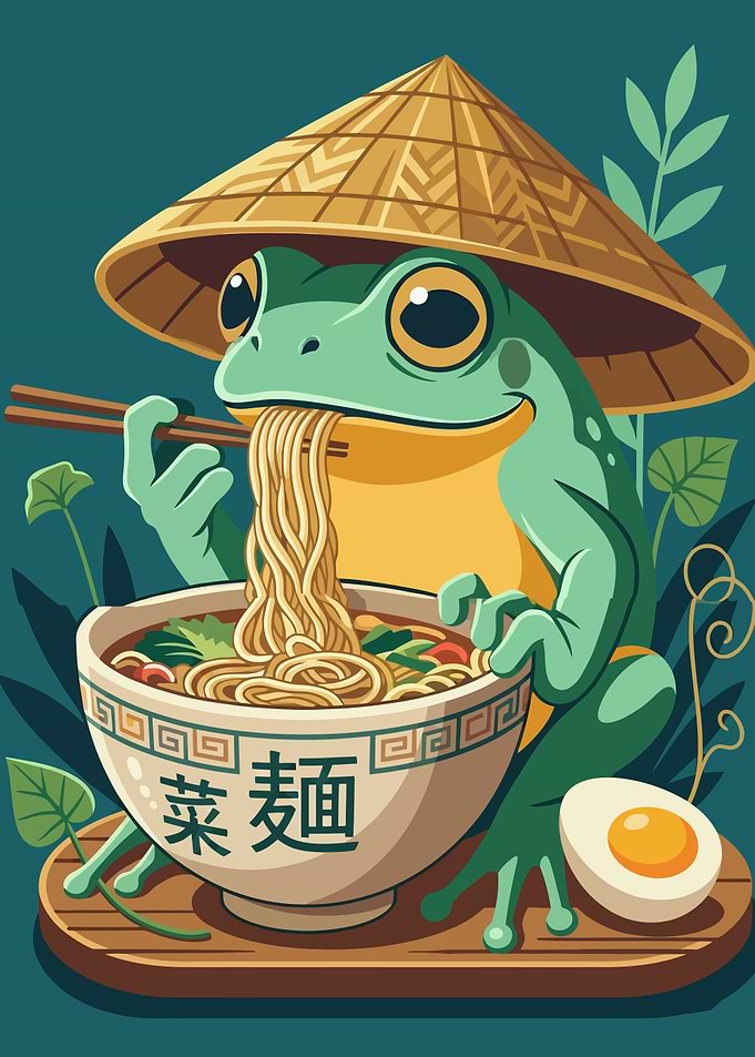 Frog Eating Ramen with Conical Hat