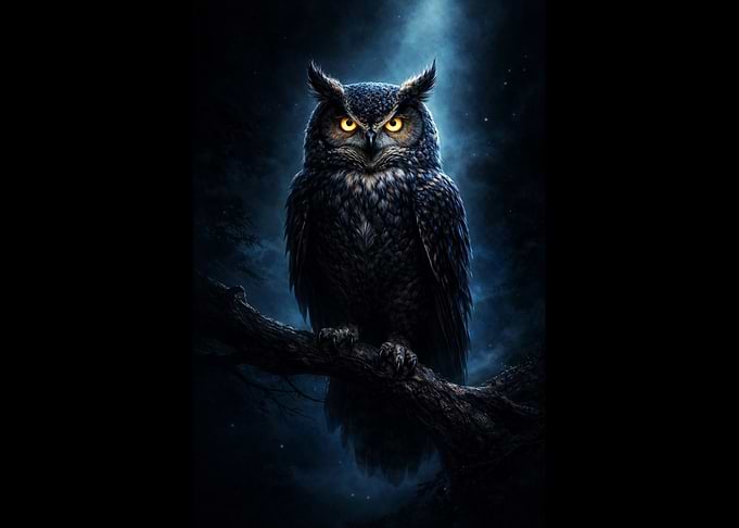 Owl Perched on Branch at Night