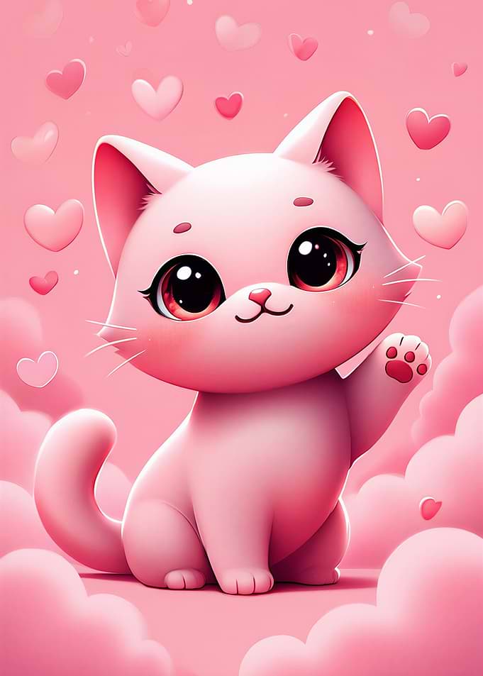 Cute Pink Cat with Hearts