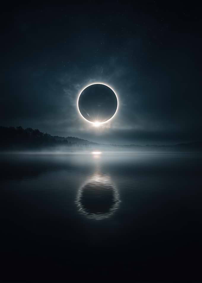 Solar Eclipse Over Mountain Lake