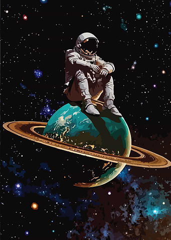 Astronaut Sitting on Ringed Planet