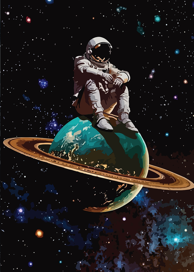 Astronaut Sitting on Ringed Planet