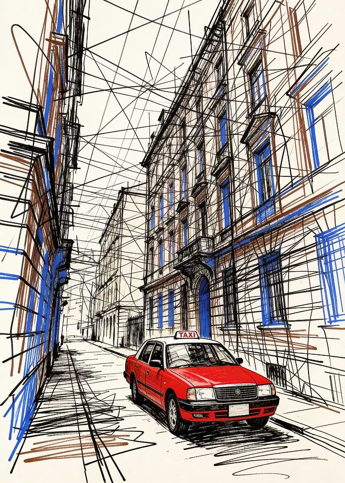 City Street with Red Taxi Sketch