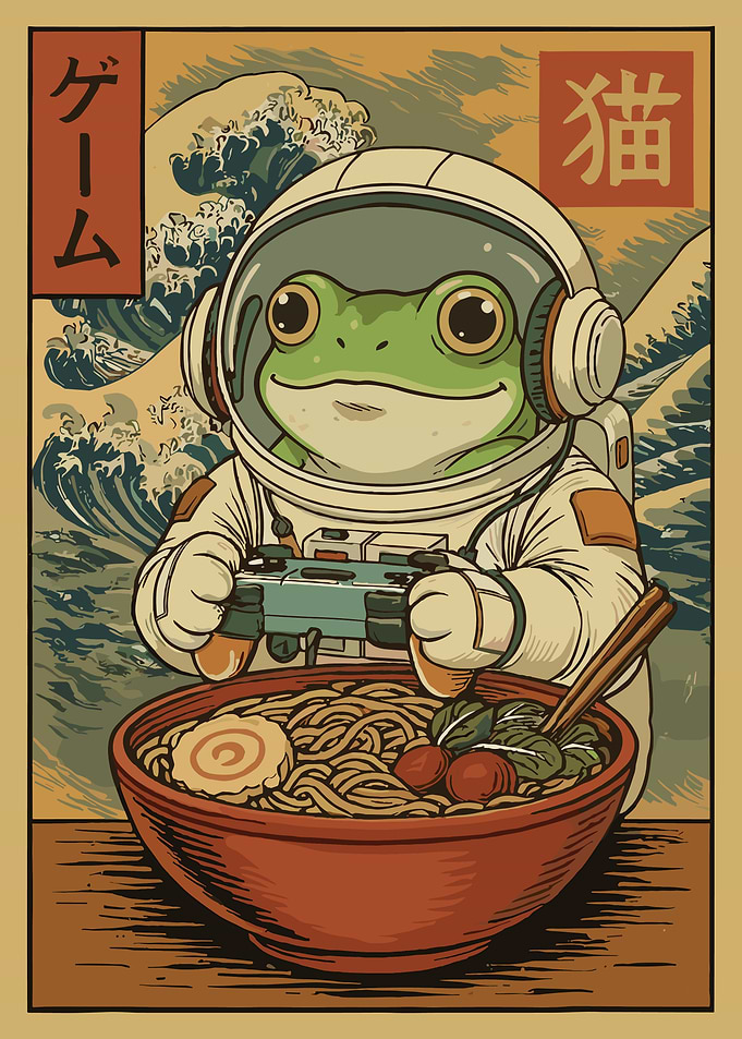Frog Astronaut Gaming Ramen Poster, Cute Space Gamer Wall Art, Cartoon Japan Illustration