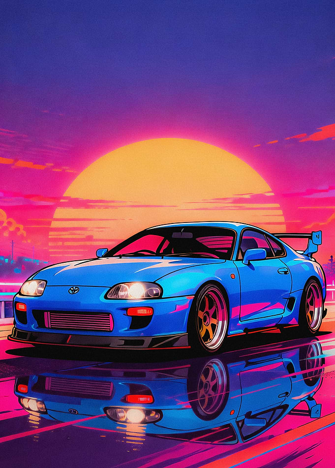 JDM Legend Supra MK4: Retro Synthwave Sunset Car Art