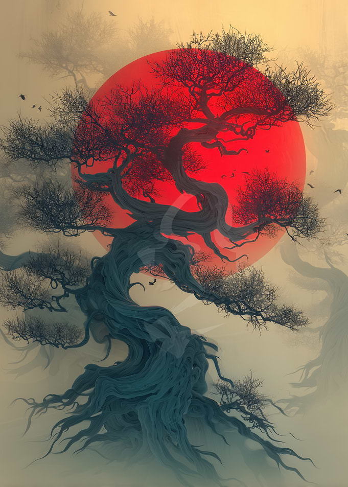 Bonsai Tree with Red Sun