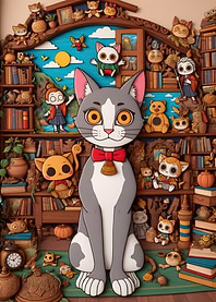 Cartoon Cat with Bookshelf Background