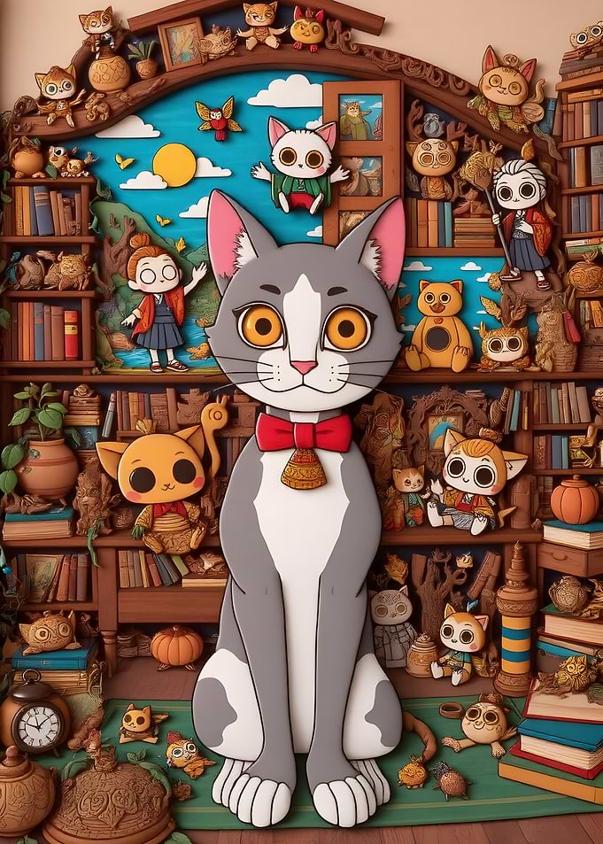 Cartoon Cat with Bookshelf Background