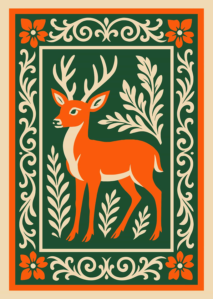 Stylized Deer Illustration with Floral Border