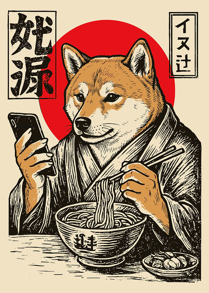 Shiba Inu Ramen Poster, Japanese Dog Art Print, Vintage Ukiyo Style Wall Art